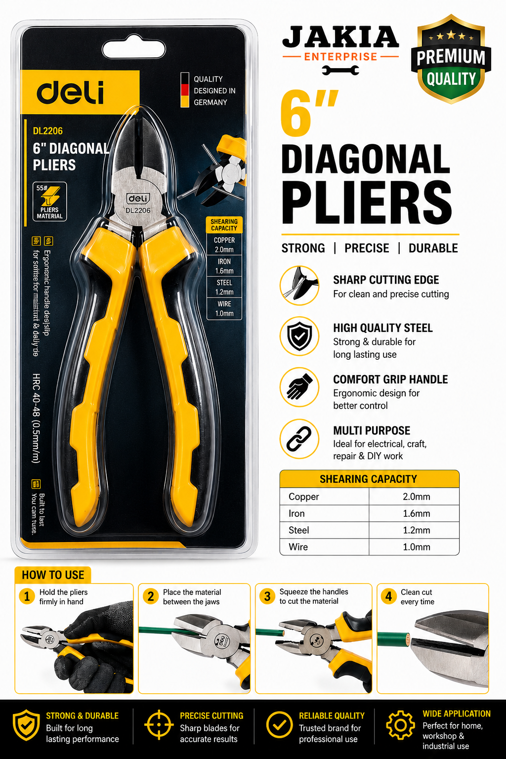Picture of Deli 6” Diagonal Pliers DL2206 Professional Wire Cutting Tool with Comfort Grip Handle - Yellow