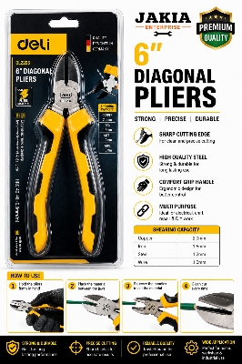 Picture of Deli 6” Diagonal Pliers DL2206 Professional Wire Cutting Tool with Comfort Grip Handle - Yellow