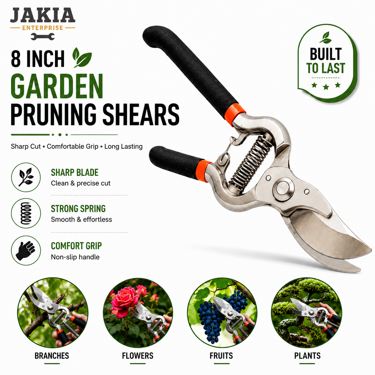 Picture of 8 Inch Garden Pruning Shears SK5 High Carbon Steel Sharp Blade Heavy Duty Gardening Cutter Secateur for Plants Flowers Branches - Silver