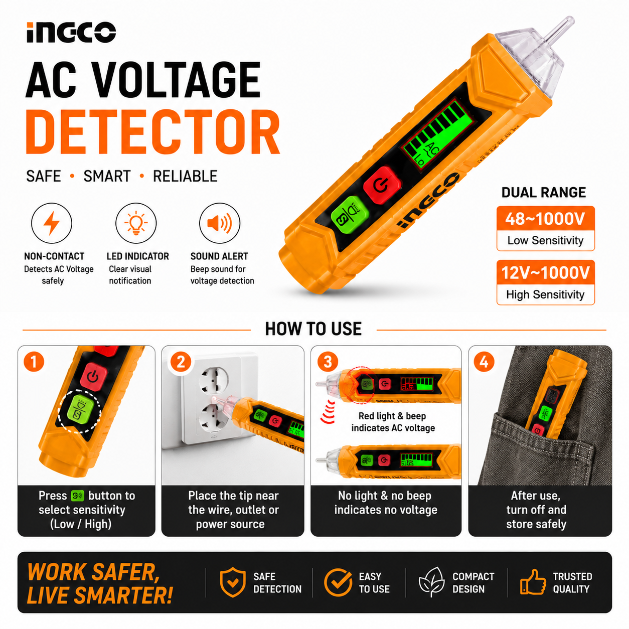 Picture of Digital AC Voltage Detector Pen Non Contact Electric Tester 12V-1000V with LED &amp; Sound Alert - Yellow