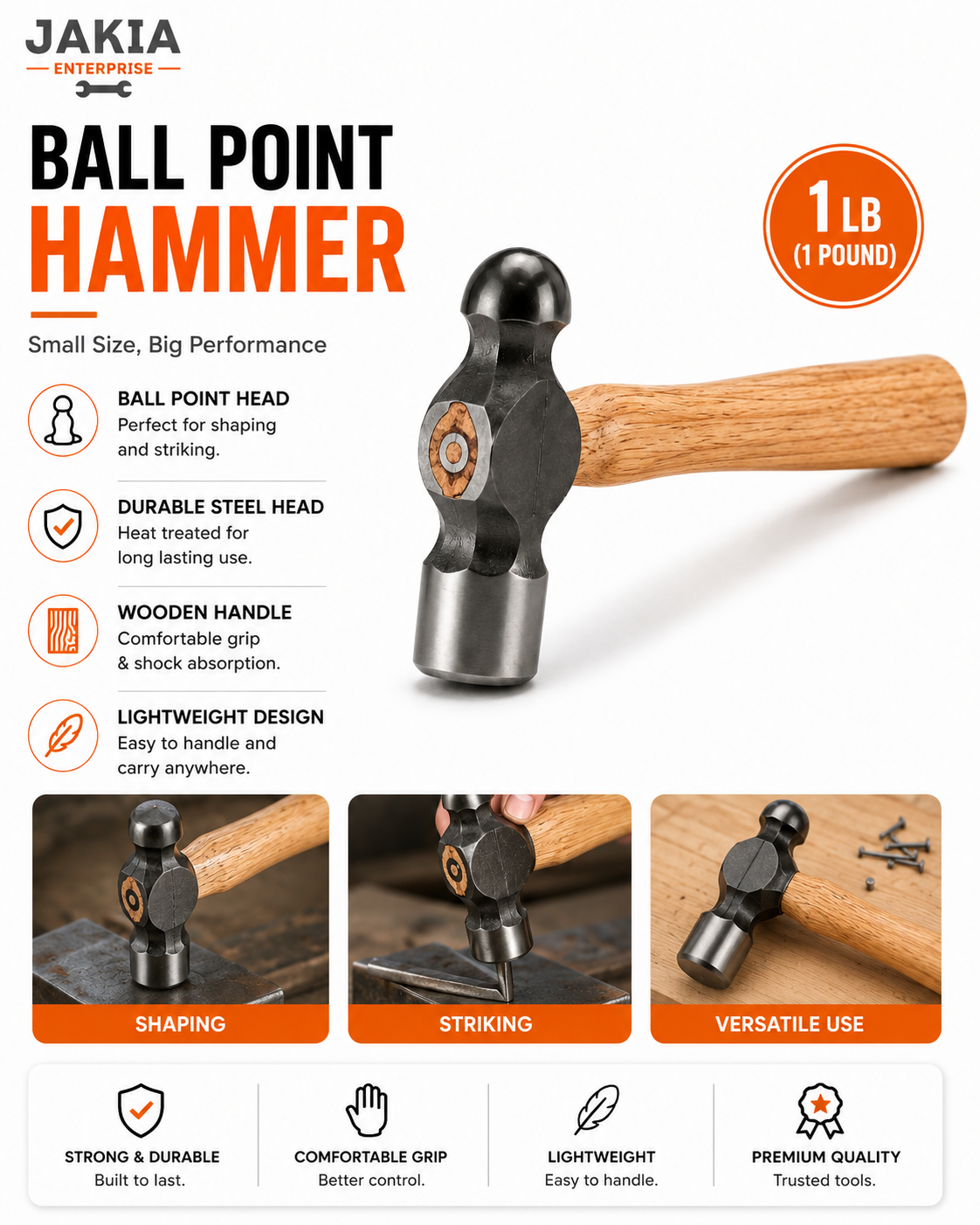 Picture of LB Ball Point Hammer Wooden Handle Heavy Duty Steel Hammer for Metal Work Repair & Workshop