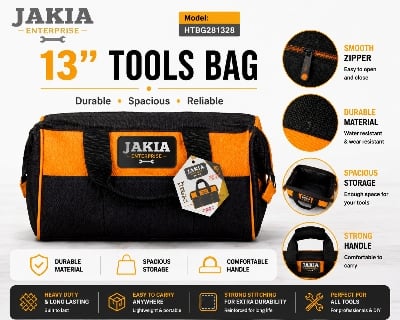 Picture of 13 Inch Heavy Duty Tools Bag - Waterproof Multipurpose Tool Storage Bag with Strong Handle & Spacious Compartments for Professional & DIY Use - Multicolor