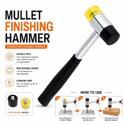 Picture of Double Face Rubber Mallet Hammer | Multifunction Finishing Hammer | Replaceable Head Soft & Hard Rubber Hammer - Multicolor