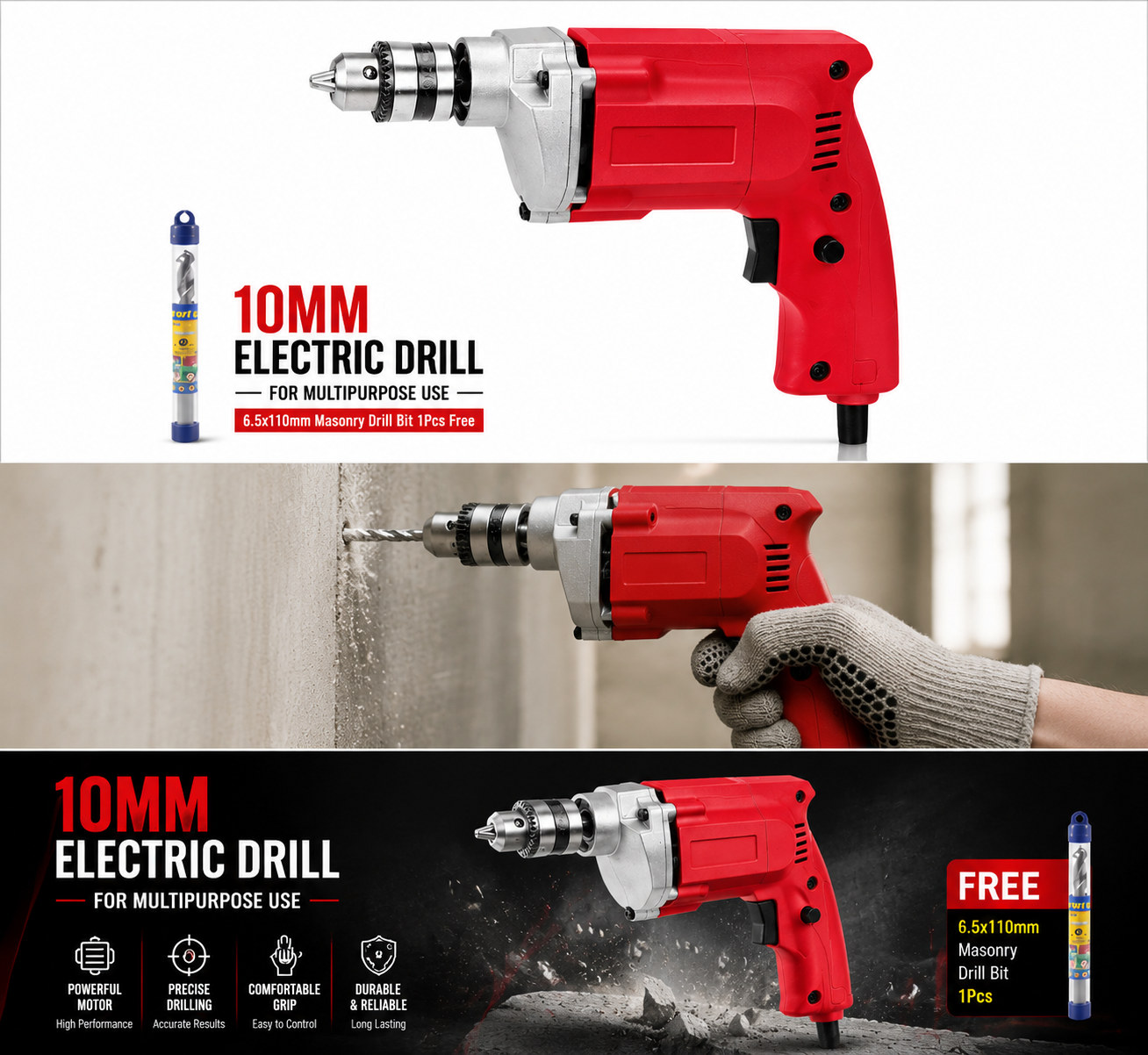 Picture of 10MM Electric Drill Machine 500W - High Speed Portable Power Drill with Free Masonry Drill Bit - Heavy Duty Hand Drill for Wood, Metal & Concrete - Multicolor