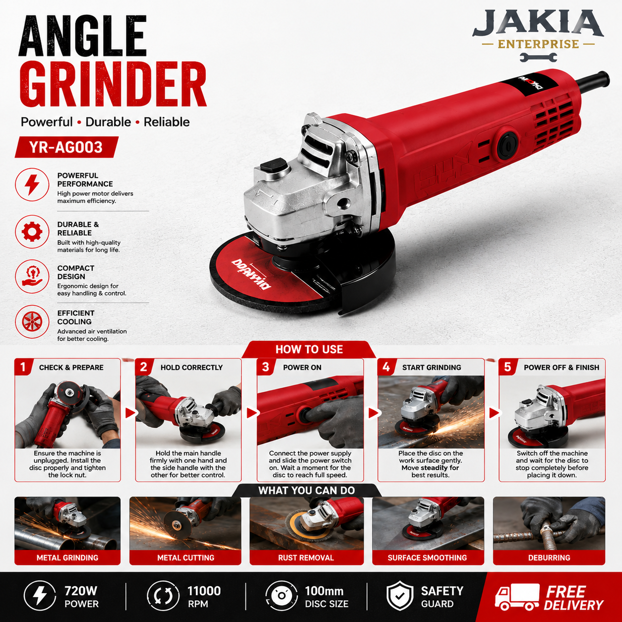 Picture of 720W Angle Grinder Machine 100mm - Heavy Duty Electric Grinder Cutting & Grinding Tool for Metal, Steel & DIY Work - Multicolor