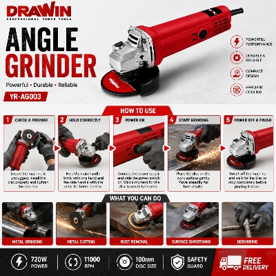 Picture of 720W Angle Grinder Machine 100mm - Heavy Duty Electric Grinder Cutting & Grinding Tool for Metal, Steel & DIY Work - Multicolor