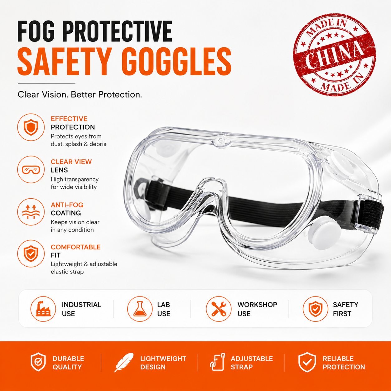 Picture of Anti Fog Protective Safety Goggles | Transparent Eye Protection Glasses for Lab, Industrial, Workshop & Chemical Safety | Adjustable Strap Safety Glasses - Multicolor