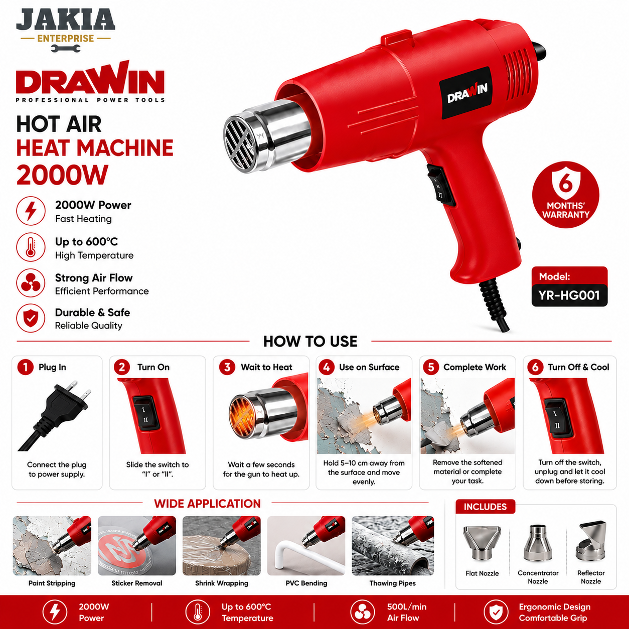 Picture of DRAWIN 2000W Professional Heat Gun Hot Air Blower Machine Fast Heating 600°C Industrial Heat Tool for PVC, Paint Removing & DIY Work - Multicolor