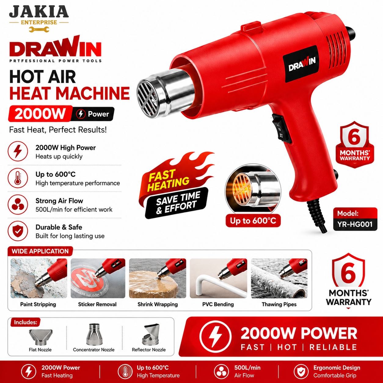 Picture of DRAWIN 2000W Professional Heat Gun Hot Air Blower Machine Fast Heating 600°C Industrial Heat Tool for PVC, Paint Removing & DIY Work - Multicolor