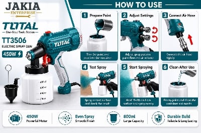 Picture of TOTAL TT3506 Electric Paint Spray Gun 450W High Power Paint Sprayer Machine with 800ml Container for Wall, Furniture & Car Painting - Multicolor