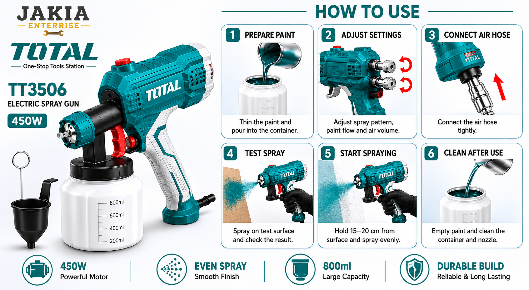 Picture of TOTAL TT3506 Electric Paint Spray Gun 450W High Power Paint Sprayer Machine with 800ml Container for Wall, Furniture & Car Painting - Multicolor