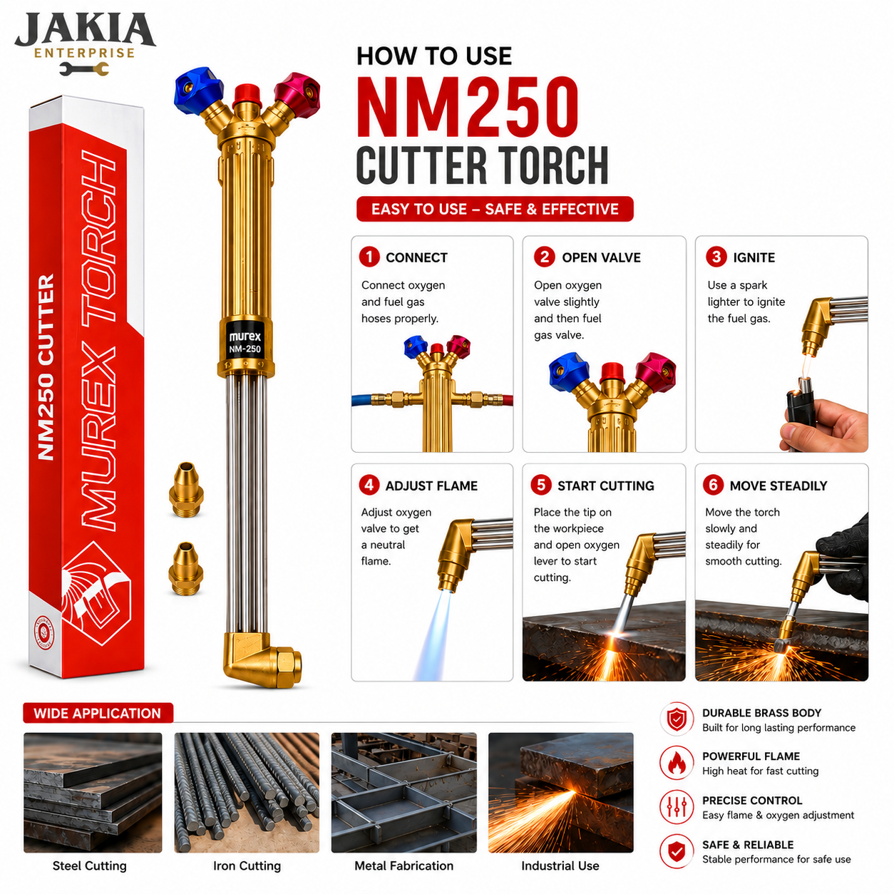 Picture of Murex NM250 Gas Cutting Torch | Heavy Duty Brass Cutter Torch | Oxygen Acetylene Cutting Torch for Metal, Steel & Industrial Fabrication - Multicolor