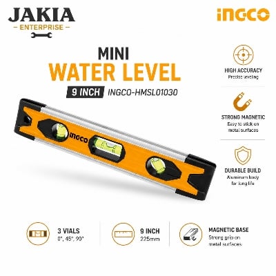 Picture of INGCO Mini Spirit Level 225mm Magnetic | 9 Inch Aluminum Level Meter | 3 Vials High Accuracy Measuring Tool for Construction & Carpentry - Multicolor