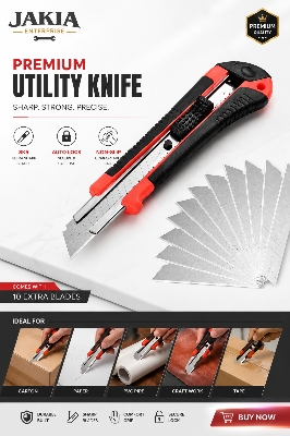 Picture of Premium Utility Knife Cutter with SK5 Sharp Blade | Auto Lock Box Cutter | Heavy Duty Paper, Carton & Craft Cutting Knife - Multicolor