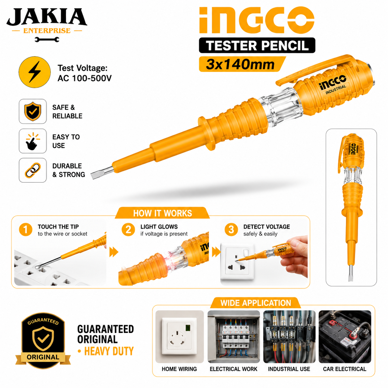 Picture of INGCO Tester Pencil 3x140mm | AC 100-500V Voltage Tester Screwdriver | Electrical Line Tester | Heavy Duty Electric Test Pen - Multicolor