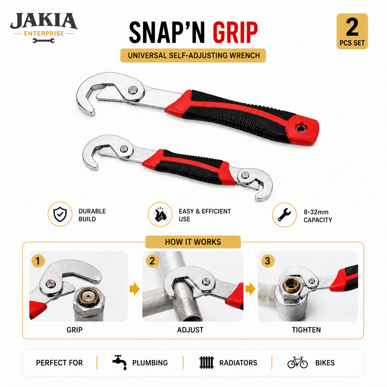 Picture of Snap'N Grip Universal Self-Adjusting Wrench Set 2PCS | 8-32mm Multi-Size Adjustable Spanner Tool | For Pipes, Nuts, Bolts & Plumbing - Multicolor