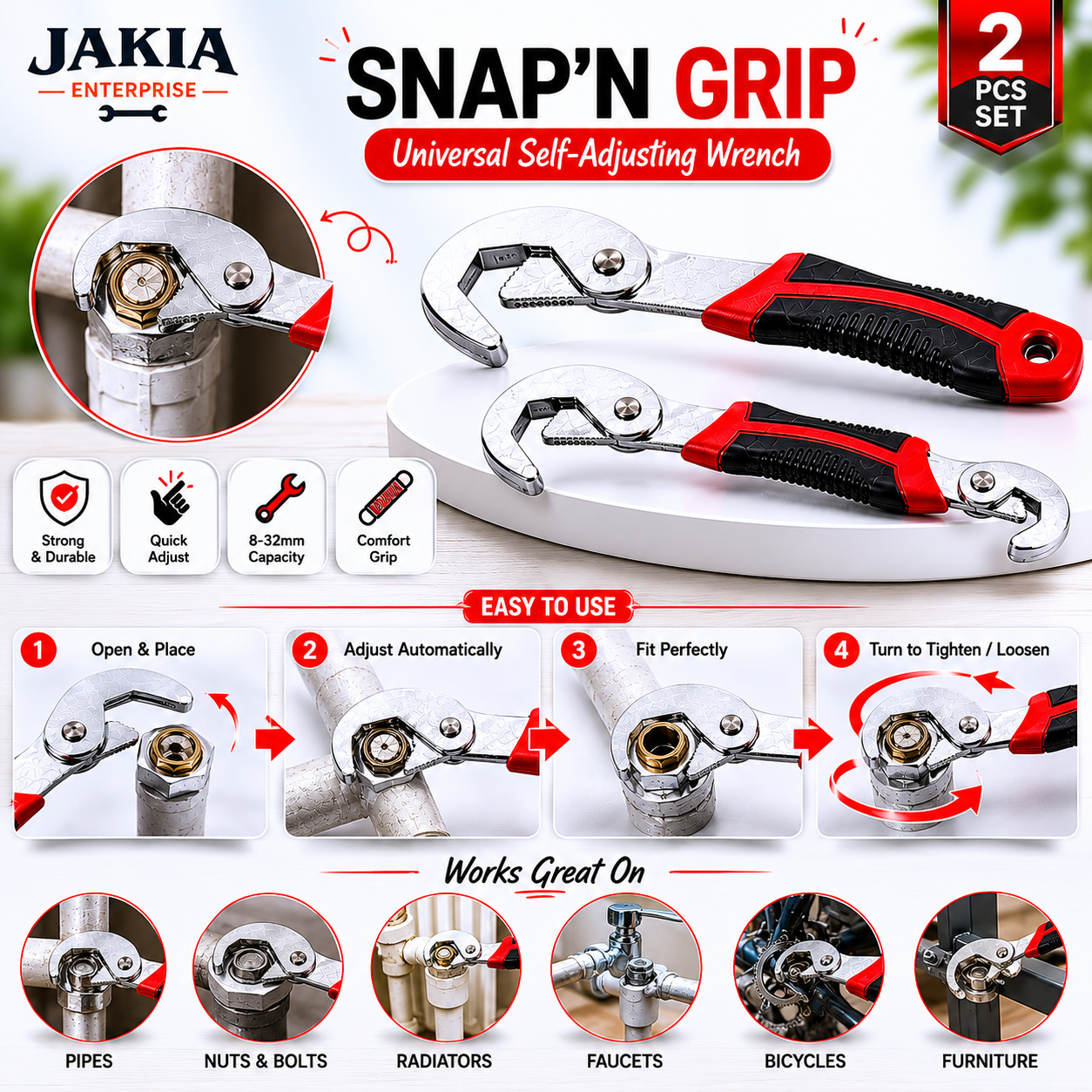 Picture of Snap'N Grip Universal Self-Adjusting Wrench Set 2PCS | 8-32mm Multi-Size Adjustable Spanner Tool | For Pipes, Nuts, Bolts & Plumbing - Multicolor