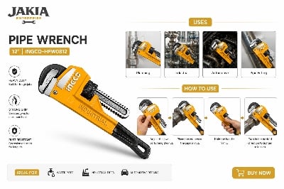 Picture of INGCO 12" (300mm) Heavy Duty Pipe Wrench, Cr-Mo Industrial Grade, Max 42mm Jaw Capacity, Drop Forged Carbon Steel, Professional Plumbing Repair Tool - Multicolor