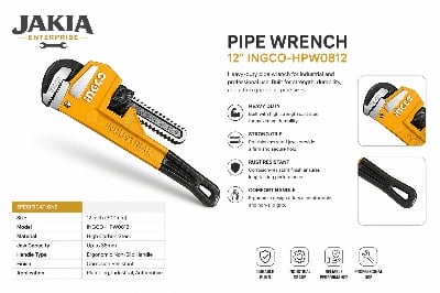 Picture of INGCO 12" (300mm) Heavy Duty Pipe Wrench, Cr-Mo Industrial Grade, Max 42mm Jaw Capacity, Drop Forged Carbon Steel, Professional Plumbing Repair Tool - Multicolor