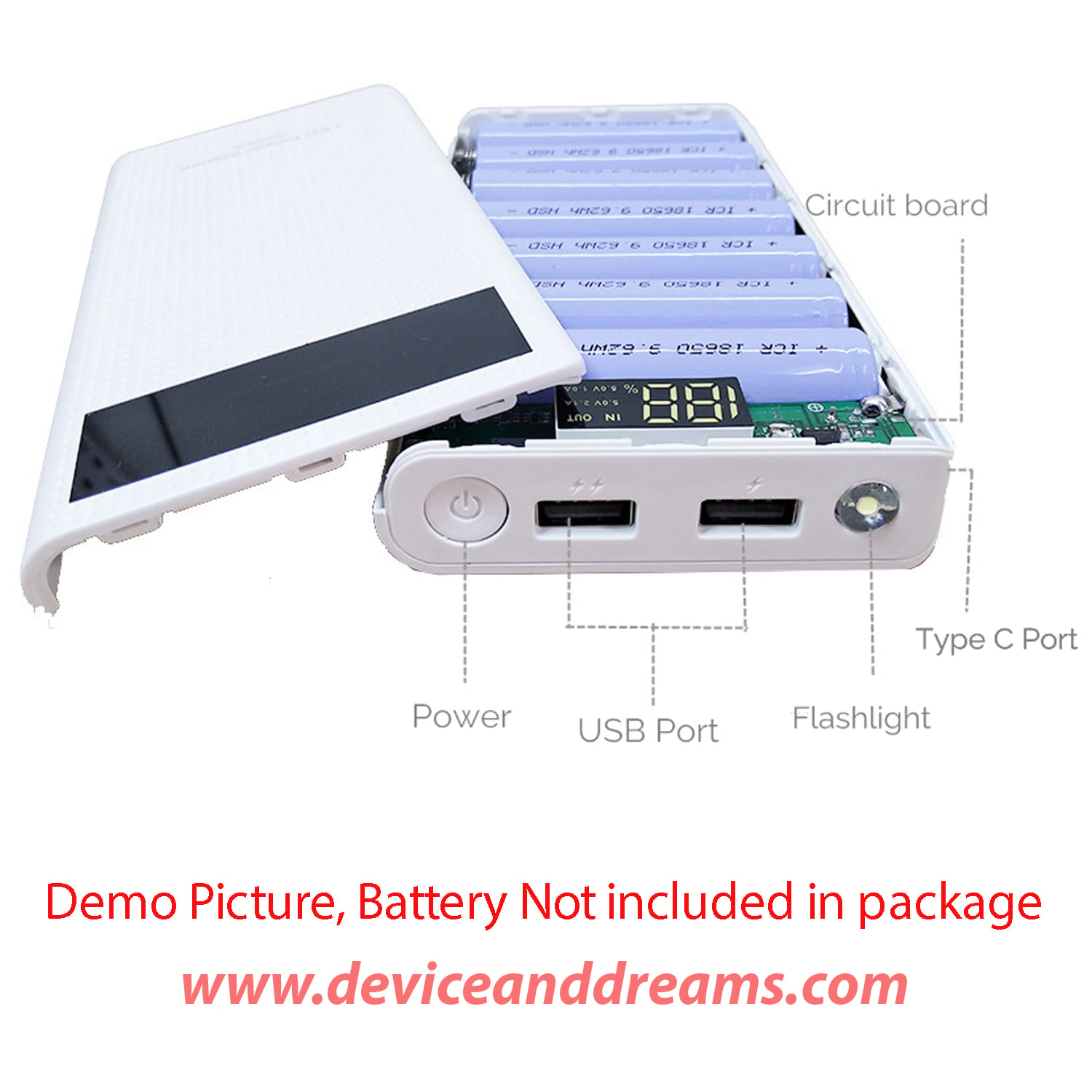 Picture of High Quality QC 3.0 Type C Dual USB 7x18650 Battery DIY First Charging Power Bank Case Kit Box for Smartphone (White)