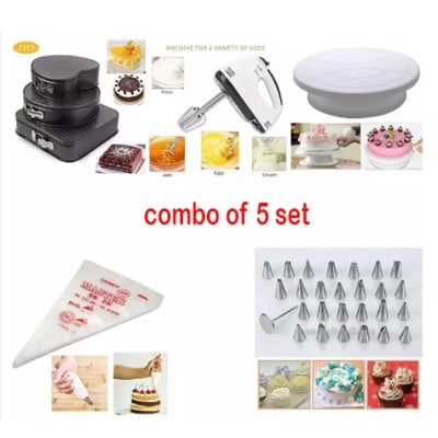 Picture of (5pcs set)-26 pcs stainless steel nozzles set with box,Cake decorating turntable,Icing Poly Bag - 20 Pcs,3 Piece Multi Shape Cake Mold Set - Black,Electric Egg Bitter - White, -Multicolor