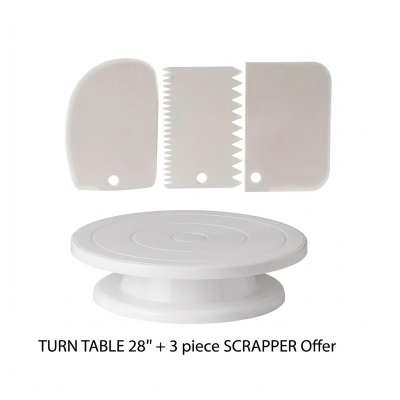 Picture of Perfect Pricee Combo Set of Plastic Revolving Turn Table Cake Stand with 3 Scrapper, White -White
