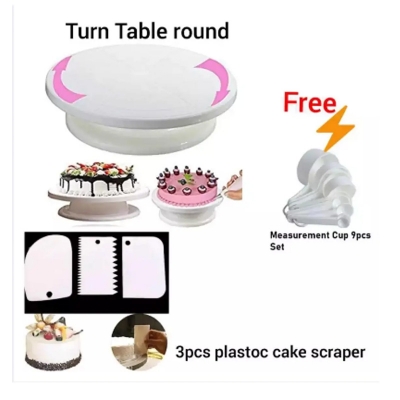Picture of Combo Cake Decorating Turn table & 3 PCS Plastic Cake Scraper Free Measurement Cup set -White