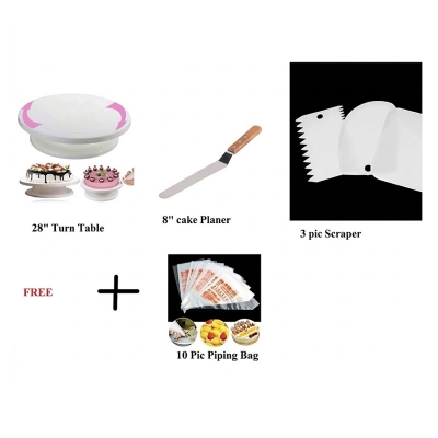 Picture of 3 Combo  Turn Table+3 Pcs Scraper set- white+ Cake planer-8" + FREE 10 Pic Piping Bag -White