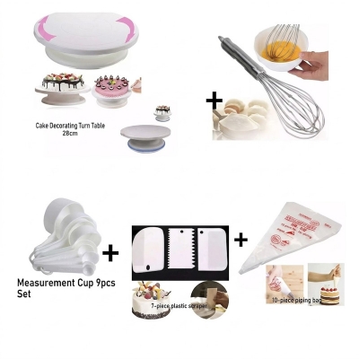 Picture of 5 X Combo Cake Decorating Turn table 28 Inches + Egg Bitter + 3 PCS Plastic Cake Scraper + Measurement Cup set + 10 Pieces Piping Bag -White