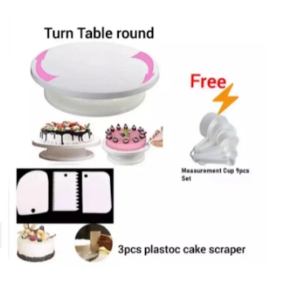 Picture of Combo Cake Decorating Turn table & 3 PCS Plastic Cake Scraper Free Measurement Cup set -White