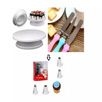 Picture of (3) 3 pieces of Cake Butter planer + 15 pieces of cake Decorating nozzle set and Cake Decorating Turntable combo pack of 3 items -Multicolor