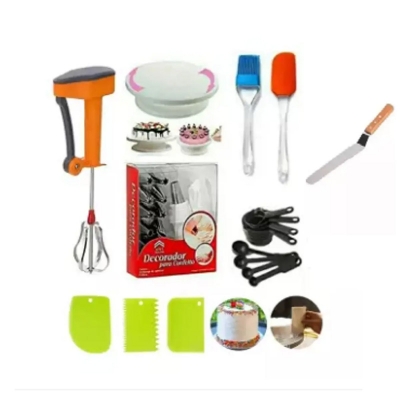 Picture of Cake Making Supplies Cake Turntable & 12P Nozzle Set  , 2 piece oil Brush & Measuring Cup 9B &  butter planer 6" , Manual Hand Blender, Cake scraper 3 pieces -Multicolor