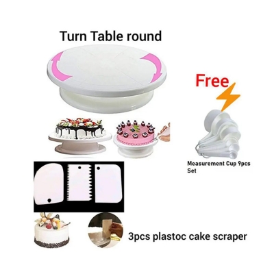 Picture of Combo Cake Decorating Turn table & 3 PCS Plastic Cake Scraper Free Measurement Cup set -White