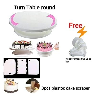 Picture of Combo Cake Decorating Turn table & 3 PCS Plastic Cake Scraper Free Measurement Cup set -White