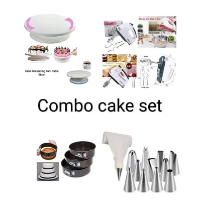Picture of Combo Cake Set of 4 item Turn Table , Egg Bitter , Cake Mold 3 , 12 pcs nozzle set with paiping -White