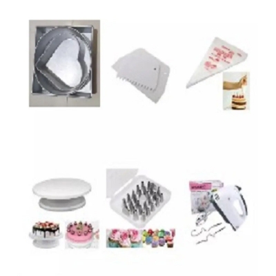 Picture of (6pcs set)-26 pcs stainless steel nozzles set with box,Cake decorating turntable,Icing Poly Bag - 20 Pcs,3 Piece Multi Shape Cake Mold Set - Black,Electric Egg Bitter - White -White
