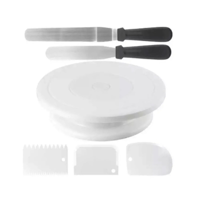 Picture of CZS 6pcs Rotating Cake Turntable Set With 2Pcs Baking Frosting Spatulas 3Pcs Pastry Scraper Combs White Plastic Cake Decorating Supplies -White
