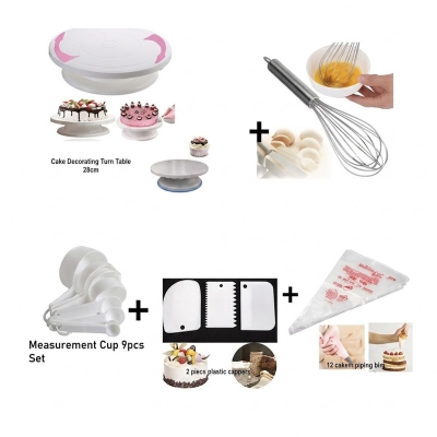 Picture of 5 X Combo Cake Decorating Turn table 28 Inches + Egg Bitter + 3 PCS Plastic Cake Scraper + Measurement Cup set & 10 Pieces Piping Bag -White