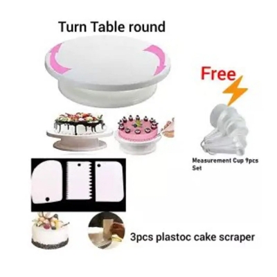 Picture of Combo  Cake Decorating Turn table & 3 PCS Plastic Cake Scraper Free Measurement Cup set of 9 pieces White -White