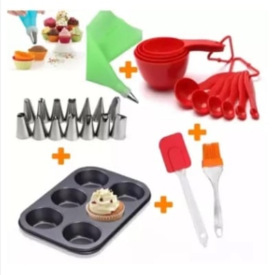 Picture of Cake decoration tools Combo set/1 x Measurement cup set 1 x Cake Mold 1x Oil Brush & Spatula Set 1 x Cake Nozzle Set 100 piece paper cup mold -Silver