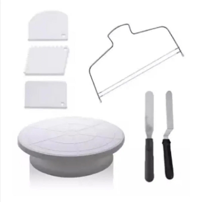 Picture of Cake Decorating Supplies with 11 inch Cake Turntable 12.7''Angled Icing Spatula Cake Leveler Can Pen Revolving Cake Stand -Silver
