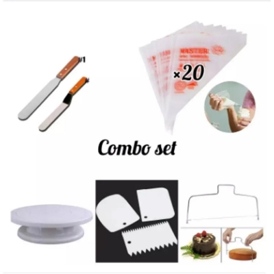 Picture of parfect Combo Set - Rotating Cake Turntable Stand 11 Inch with Cake Leveler,2 Spatulas,3 Icing Smoothers and 20 Disposable Pastry Bags for Cake Decorating Baking -White
