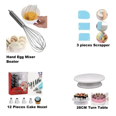 Picture of Turn Table , Egg Bitter silver , 3pcs Scrapper & 12 Piece Cake Decorating Nozel Set COMBO 4 -White