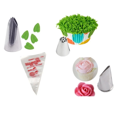 Picture of 3 Pieces Big Size Nozzle Set(Leaf + grass + Rose) + 10 pieces Pipping Bags -Silver