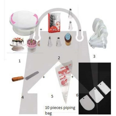 Picture of Cake Decoration Turntable + 12 Pieces Of Stainless Steel Nozzle Set + stainless steel  cake planner 6" + Measuring Spoon Cup Set + 3 pieces Plastic Cream Scraper & 10 Pieces Pipping Bags (6 products) -Multicolor
