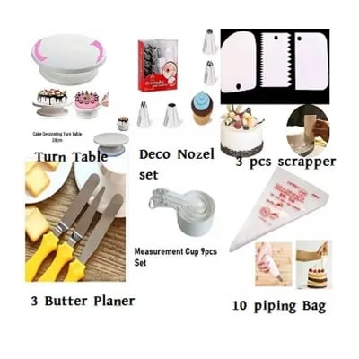 Picture of 6CC Cake Decoration Turntable & 12 Pieces Of Stainless Steel Nozzle Set & 3 Butter planer & Measuring Spoon Cup Set & 3 pieces Plastic Cream Scraper & 10 Pieces Pipping Bags (6 products) -Multicolor