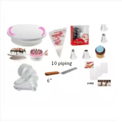 Picture of 6p Cake Decoration Turntable & 12 Pieces Of Stainless Steel Nozzle Set & stainless steel butter planer 6" & Measuring Spoon Cup Set & 3 pieces Plastic Cream Scraper & 10 Pieces Pipping Bags (6 products) -Multicolor