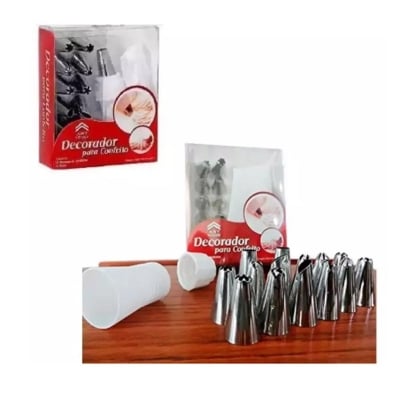 Picture of Decorcrafts??? 12 Piece Cake Decorating Set Frosting Icing Piping Bag Tips with Steel Nozzles. Reusable & Washable -Silver
