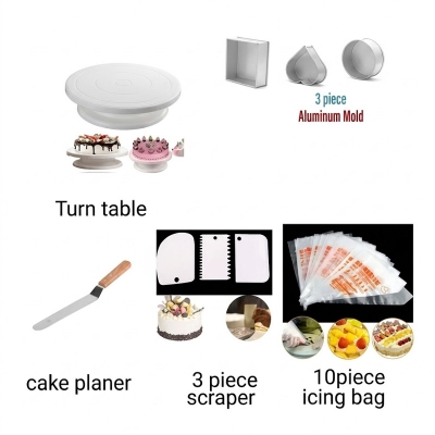 Picture of (5 pcs combo set)-Turn table 28 Size+3 shape cake pan +3 pcs scraper set+8" cake planer + 10 Piece Cake Icing Bag -White