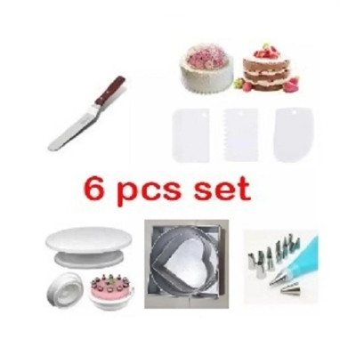 Picture of (5pcs combo set)-3 pcs multi cake pan -3 shape+turn table+13 pcs nozzle with silicon paiping bag+3 pcs scraper+cake planer -6" -Multicolor
